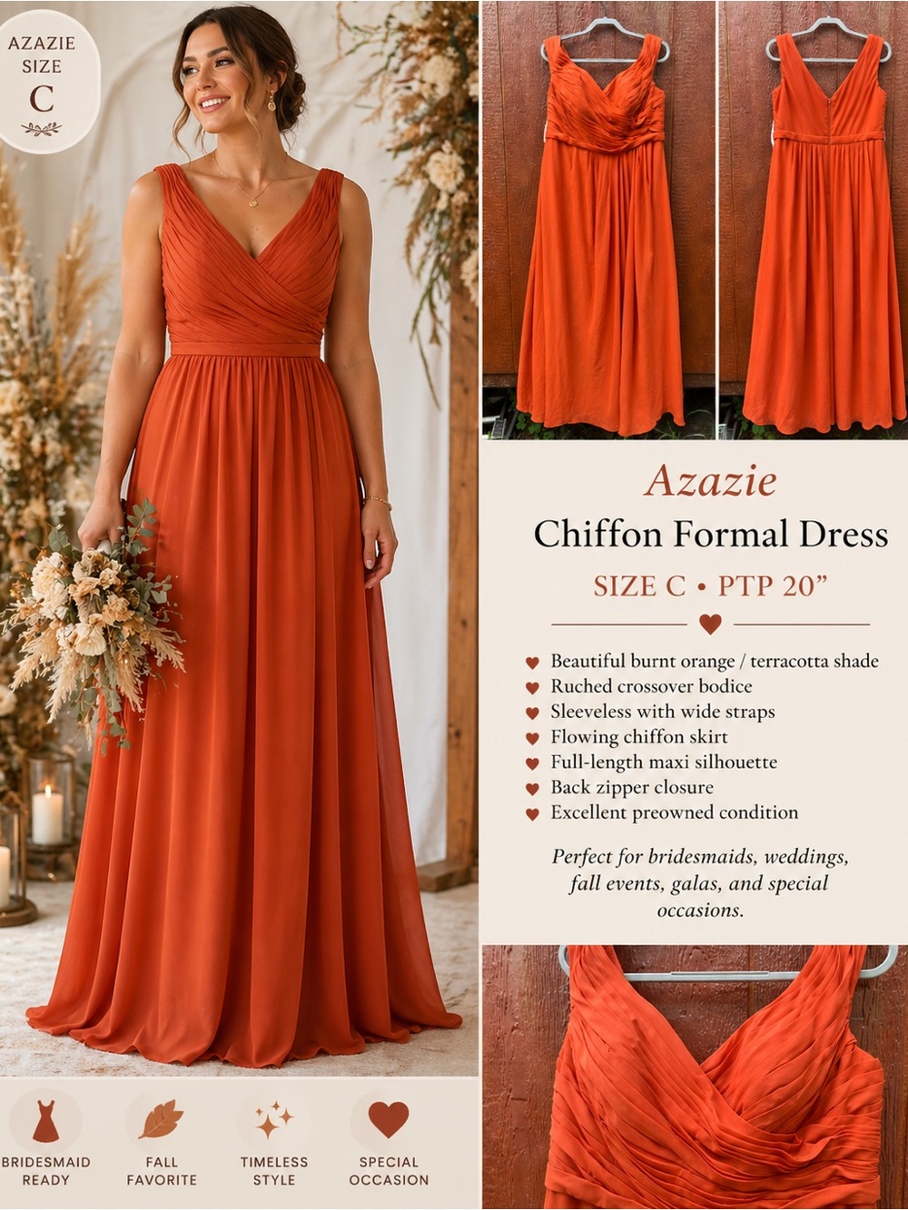 Azazie Burnt Orange Chiffon Formal Dress Size C Bridesmaid Maxi Gown